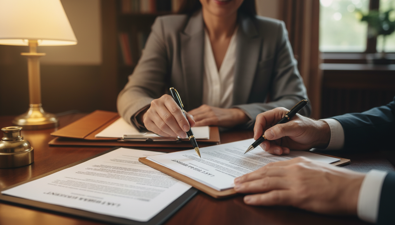 Attorney reviewing estate planning documents with a client couple