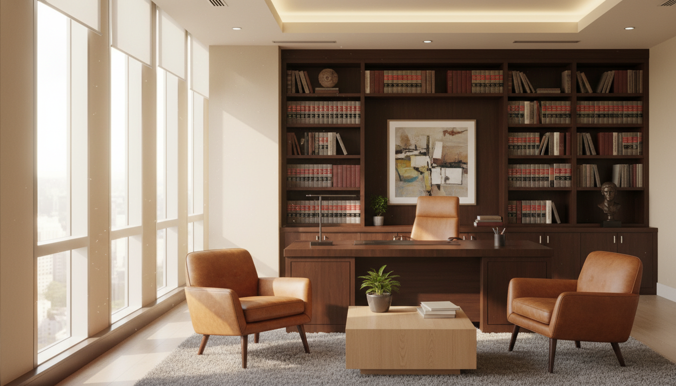 Warm, sunlit office interior conveying trust and calm